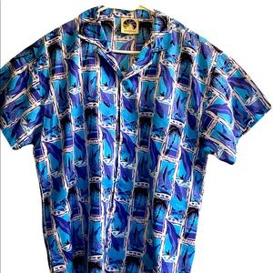 Armadillo Mens SZ L Hawaiian Print Shirt Dolphins Sailboats Seashell Blue Palm.